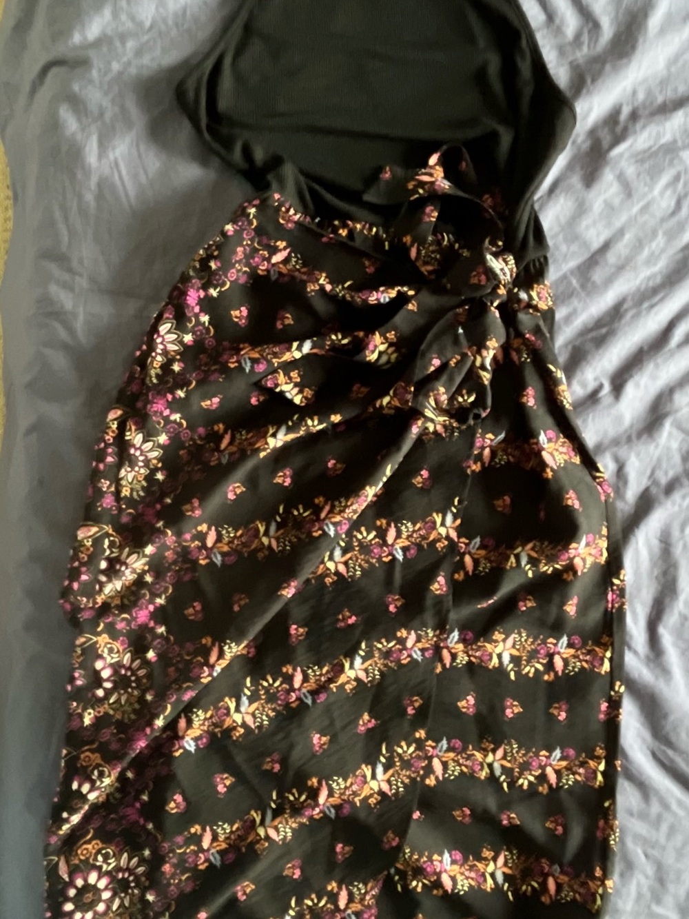 Black Floral Midi Dress with Purple and Gold Accents